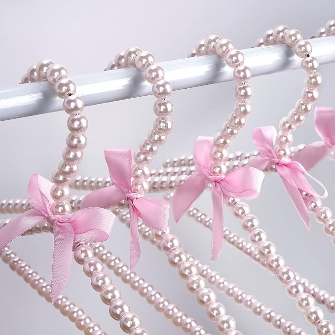 Linkidea 5 Pack Faux Pearl Beaded Clothes Hangers Bulk Pack, Wholesale Multi-Pack Elegant Clothes Dress Wedding Shop Pants Hanger, Closet Coat Storage Organizer Standard Hangers (Pink)