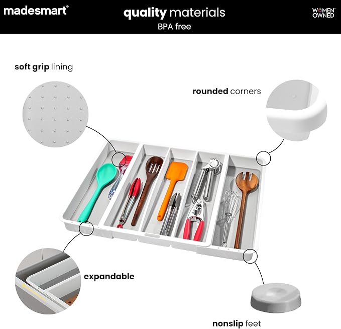 madesmart Expandable Utensil Tray-White | Classic Collection | 5-Compartments | Kitchen Organizer | Soft-Grip Lining and Non-Slip Rubber Feet | Easy to Clean | BPA-Free