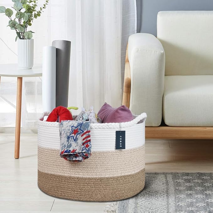 COMSE Extra Large Blanket Basket, Woven Laundry Basket, 21.7”x 13.8”, Nursery Hamper, Cotton Rope Laundry Hamper Living Room for Storage Toys Clothes Towels(White & Gradient Brown)