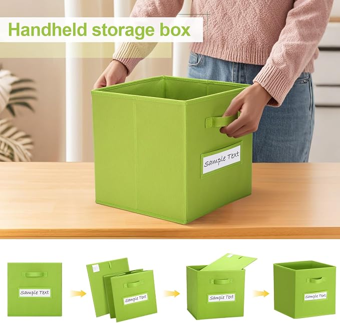 13x13 storage cube bins (Set of 10) Foldable Fabric storage cubes with 10 Labels Window Cards & a Pen,13 inch cube storage bins,Closet Organizers for Shelves,Cubby Organizer Boxes,lime green