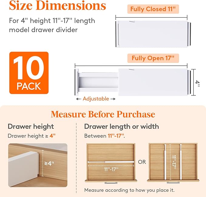 Lifewit 10 Pack Upgrade Drawer Dividers for Clothes, 4" High 11-17" Adjustable Dresser Drawer Organizers, Expandable White Plastic Drawer Separators for Kitchen, Nursery, Office Organization & Storage