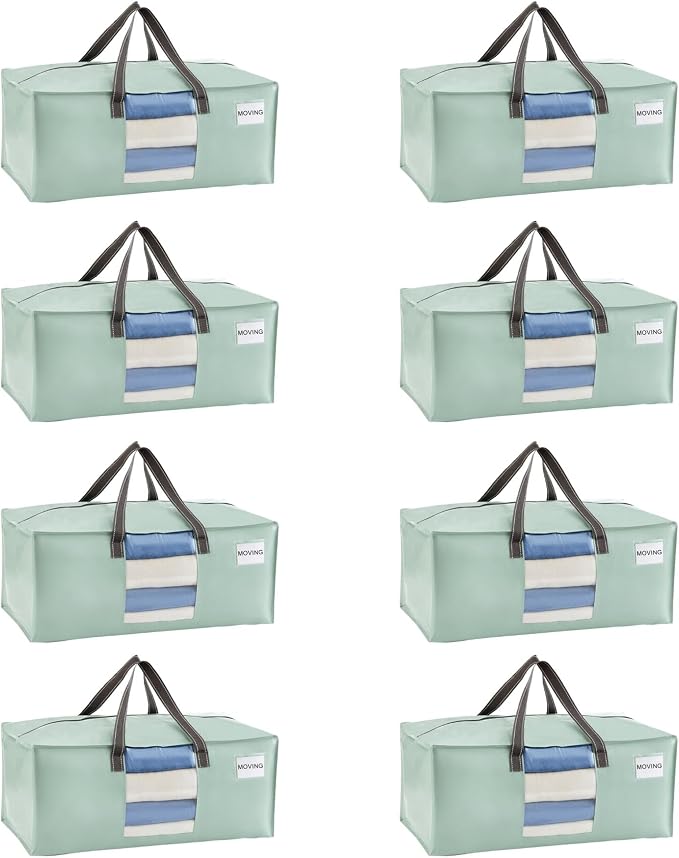 VENO 8 Pack Heavy Duty Moving Bags, Packing Bags with Clear Window, Alternative to Moving Boxes, Storage Bins for Clothes, Blankets, Comforters, College Dorm Essentials (Shiny Light Green, 8 Pack)