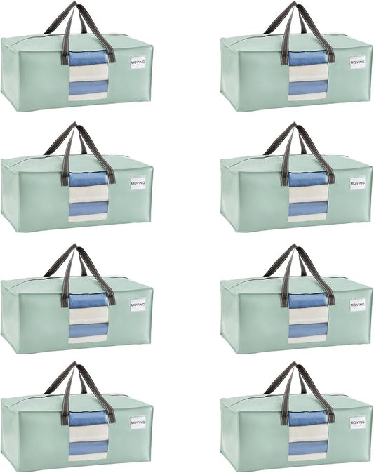 VENO 8 Pack Heavy Duty Moving Bags, Packing Bags with Clear Window, Alternative to Moving Boxes, Storage Bins for Clothes, Blankets, Comforters, College Dorm Essentials (Shiny Light Green, 8 Pack)