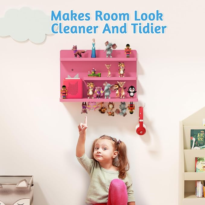 for Tonies Shelf Magnetic - Tonies Figure Organizer for Kids Room, Wooden Magnetic Display Shelf for Tonies Box Holder, Wall Floating Shelves Toy Storage Compatible Charging Station (3 Tier, Pink)