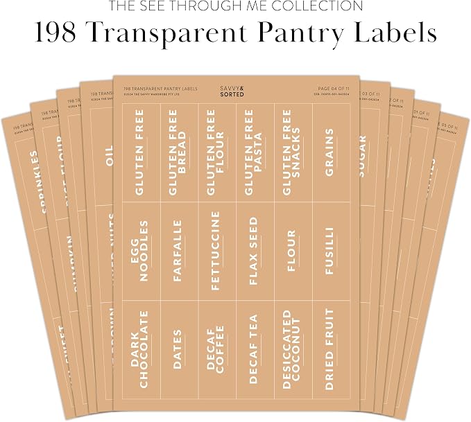 SAVVY & SORTED Pantry Labels for Food Containers, 198 Modern Font Kitchen Labels for Containers on Clear Sticker, Waterproof Scratch Resistant, Organize Pantry Essentials