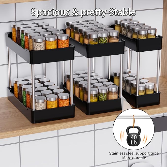 3 Pack Under Sink Organizer Bathroom and Storage Cabinet (Black) | 2 Tier with Hanging Cups for Kitchen