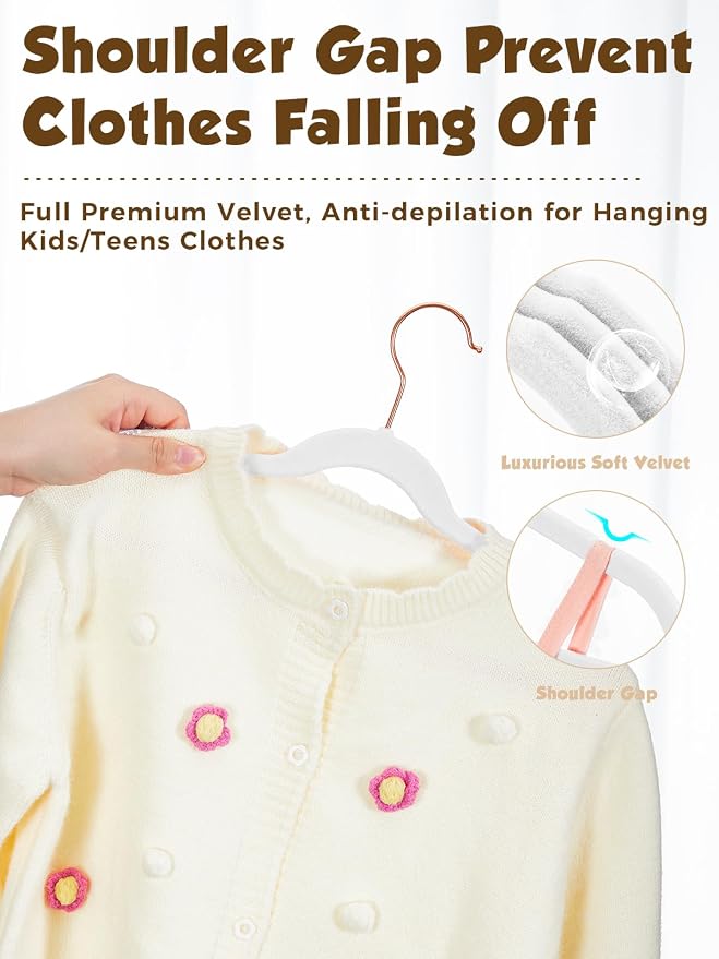 Smartor Kids Velvet Hangers 50 Pack, 14 Inch Premium Non Slip Kids Felt Hangers for Closet, Space Saving Toddler Clothes Hanger for Youth's Childrens' Clothes (Rose Gold Hook)- White