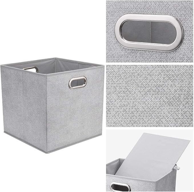 Cloth Storage Bins Set of 4 Thick Fabric Drawers Foldable Cubes Basket Organizer Container with Dual Metal Handles for Shelf Cabinet Bookcase Boxes Grey-White 13x13x13 inch