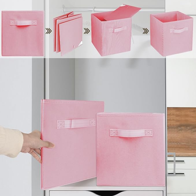 3 Pcs Storage Cubes, 10.5 Inch Collapsible Storage Bins, Fabric Foldable Bins for Organization, Durable Storage Bins for Closet, Shelves, Offices (Pink)