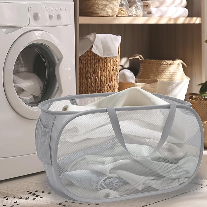 Pop Up Laundry Hamper,Collapsible Horizontal Baskets with Handles & Side Pocket,Foldable Sturdy mesh for Laundry Room,Bathroom,Kids Room,College Dorm or Travel (Grey)