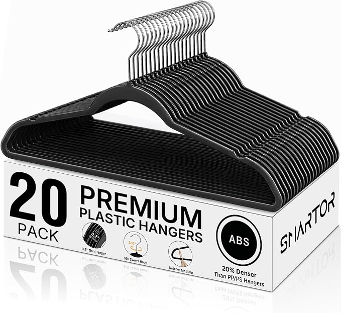 SMARTOR Plastic Hangers 20 Pack - Thin Hangers for Space Saving - Black | Heavy Duty for 11 LBS, 360 Swivel Hooks, Non Slip Notches for Camisole, 0.2" Thin for Small Closet, Durable and Flexible