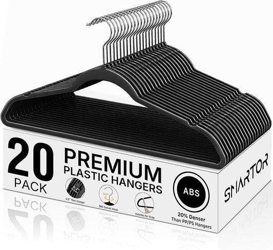 SMARTOR Plastic Hangers 20 Pack - Thin Hangers for Space Saving - Black | Heavy Duty for 11 LBS, 360 Swivel Hooks, Non Slip Notches for Camisole, 0.2" Thin for Small Closet, Durable and Flexible