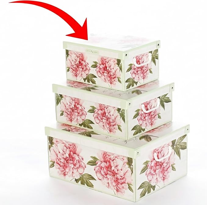 Lavatelli: Storage Box: Small - Peony - Lid & Side Handles, Decorative Cardboard Organizer, Stacks-Folds, Home-Clothes-Linen-Office, 13.8 x 9.8 x 6.9 | Floral Closet Organizer Box & Bedroom Garment Container – 25x35x17.5 cm