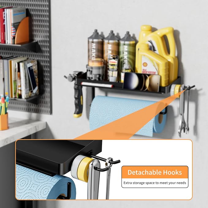 SUNTECH Garage Paper Towel Holder with Tool Hanger Wall Mount, Black | Solid Iron, Rust-resistant Finish, Fits Jumbo Rolls, Includes 15-inch Garage Wall Organizer, for Garage, Shop, Kitchen, RV