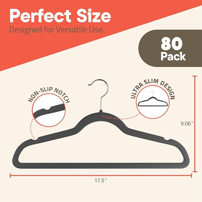 Gray Velvet Hangers 80 Pack – 360° Swivel Hook, Non-Slip and Space Saving Hangers, Heavy-Duty 11 lbs Weight Capacity - Smooth Velvet Finish for Crease-Free Clothes and Effortless Closet Organization