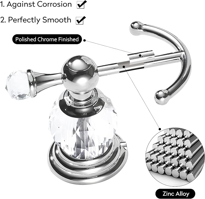 WINCASE Crystal Towel Hook Chrome, Bath Robe Hook, Silver Bathroom Wall Hooks Double for Coats Wall Mounted Modern Style