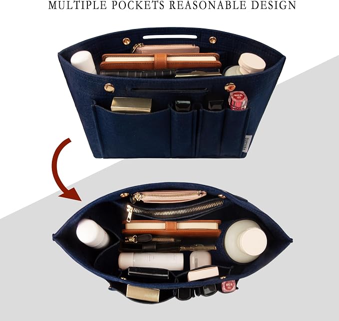 Vercord Purse Organizer Insert for Long champ Felt Organizer Insert with Zipper Handbag Insert Tote Shaper Storage Bag Navy Blue L