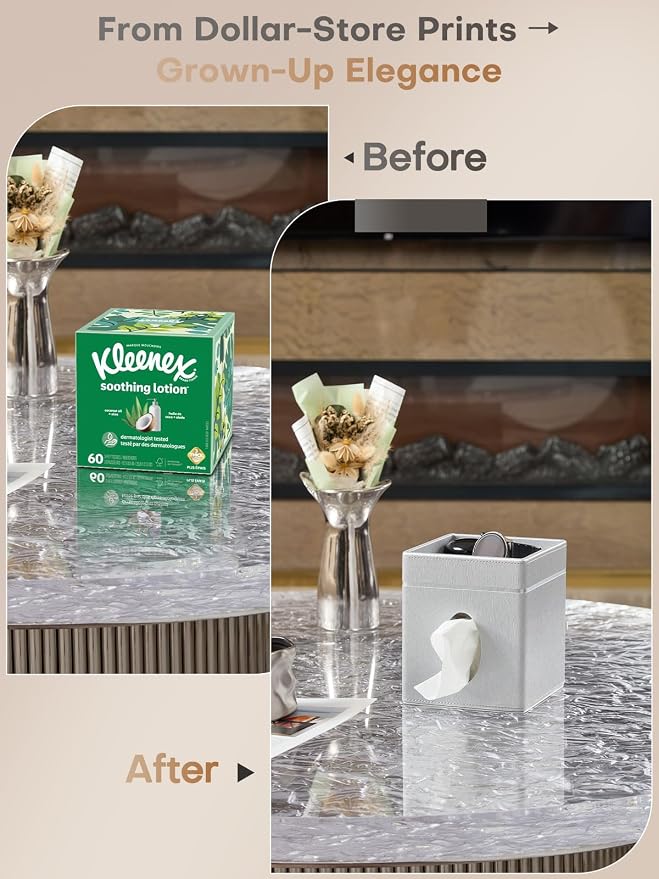 Square Tissue Box Cover Holder with Tray for Kleenex/Puffs Cubes | Gift-Ready for Entryways/Vanities | Stardust Black/Polar Ice/Liquid Iridium | Patented Metal-Look PU Leather-Liquid iridium