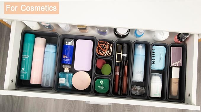 Kutesna 15 PCS Interlocking Desk Drawer Organizer Separator for Office,Bathroom,Kitchen,Makeup（Black）