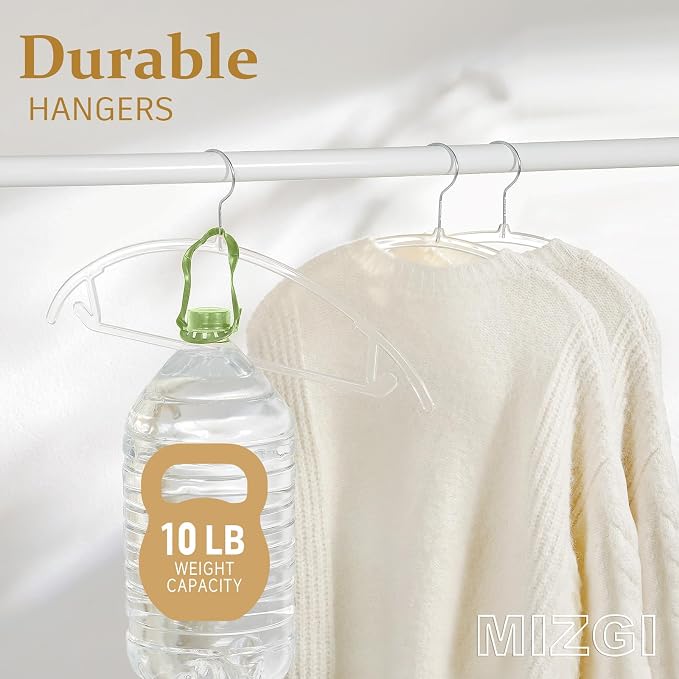 MIZGI Premium Clear Hangers (Pack of 50) Heavyduty-Acrylic No Shoulder Bump Suit Hangers - Space Saving Clothes Hangers,Rounded Hanger for Coat,Sweater,Jackets,Pants