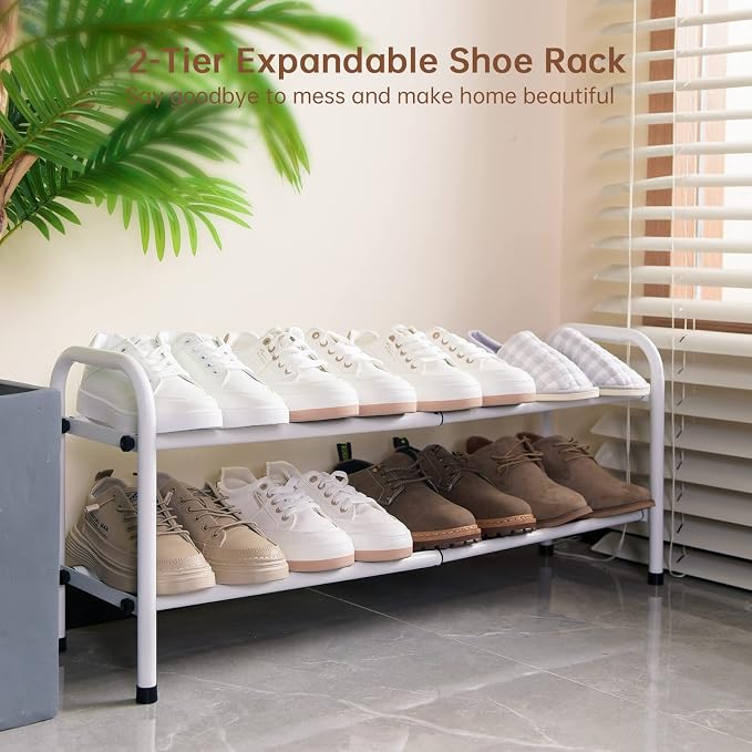 Gonfoam Shoe Rack for Closet, Expandable Shoe Organizer Storage Shelf, Adjustable Metal Free Standing Small Closet Shoe Rack for Entryway, Doorway (2-Tier White)