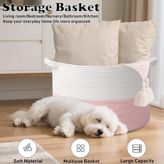 65L Large Pink Woven Cotton Rope Basket with Handles, Kids Nursery Laundry Hamper for Toys, Blankets, Pillows & Comforters, Cute Storage Bin for Bedroom & Playroom
