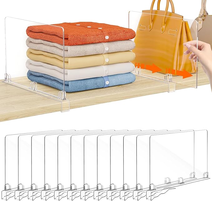 Fixwal 12 PCS Detachable Acrylic Shelf Dividers for Closet Organization Clear Shelf Divider for Closet Organizers and Vertical Purse Organizer for Closet, Bedroom, Kitchen, Office, Cabinets, Bathroom