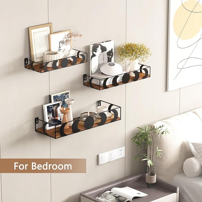 PHAREGE Black and Brown Moon Phase Floating Wall Shelves Set of 3 | Decorative Small Shelves for Bedroom Kid Room, Display Shelf for Crystal Collectibles Figurine