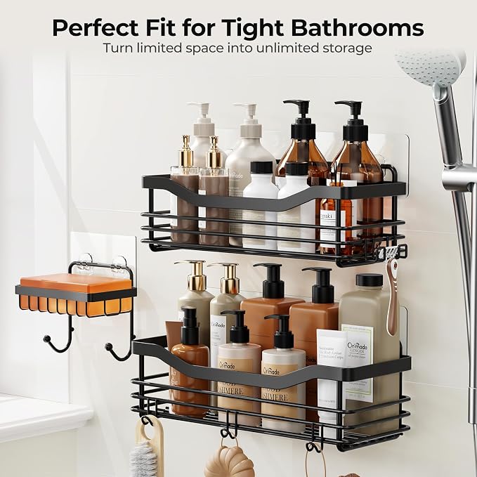 Orimade Shower Caddy Basket Shelf,3-Pack Adhesive Shower Organizer with Soap Dish Holder, No Drilling Wall Mounted Rustproof Stainless Steel Shower Shelves with 7 Hooks,for Bathroom,Matt Black