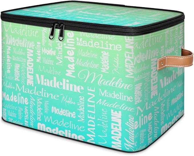 Custom Storage Basket with Name, Personalized Keepsake Box with Zipper Lid, Foldable Fabric Memory Bin Large capacity with Handle Green Blue