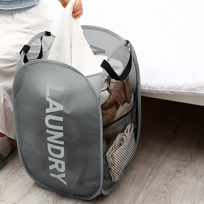 Mesh Laundry Hamper Pop Up Laundry Hamper Collapsible Laundry Basket with Carry Handles, Large Side Pocket for Bedroom, Student Dorm, RV, Cruise, Grey