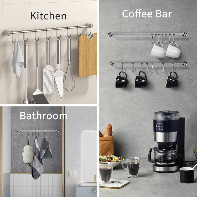 Audmore Kitchen Utensil Rack 1 PCS, 15.6” Pot & Pan Hanging Rack Wall Mount | 304 Stainless Steel Lid Cooking Utensil Hanger, 7 Sliding Hooks for Spatula Spoon, Measuring Cups, Coffee Mug, Space Saving