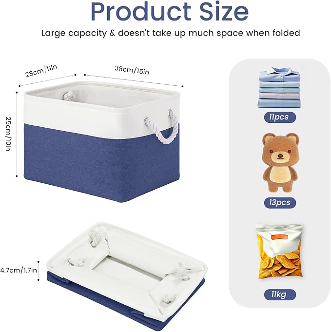 Large Storage Baskets- 15x11x10 inch Storage Bins for Shelves and Closet Organizing, Foldable Fabric Bin for Home Organization Clothes and Laundry (1-Pack, White&Blue)