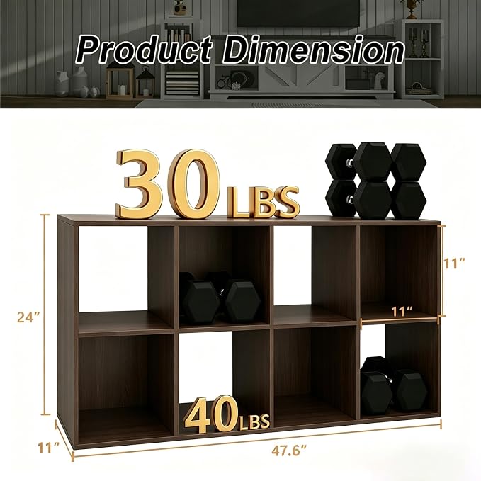 8 Cube Shelf with Anti-Tipping Kits + Reversible Open Back Bookcase, Multi Layer and Multi Grid Partition Layout (Chocolate 11in)