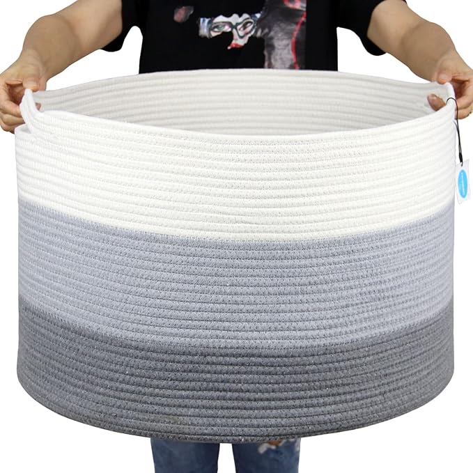 Casaphoria XXXLarge Cotton Rope Basket for Living Room - Woven Storage Basket with Handle for Blankets, Towels and Pillows Laundry Hamper | Light Gray (22" x 22" x 14")