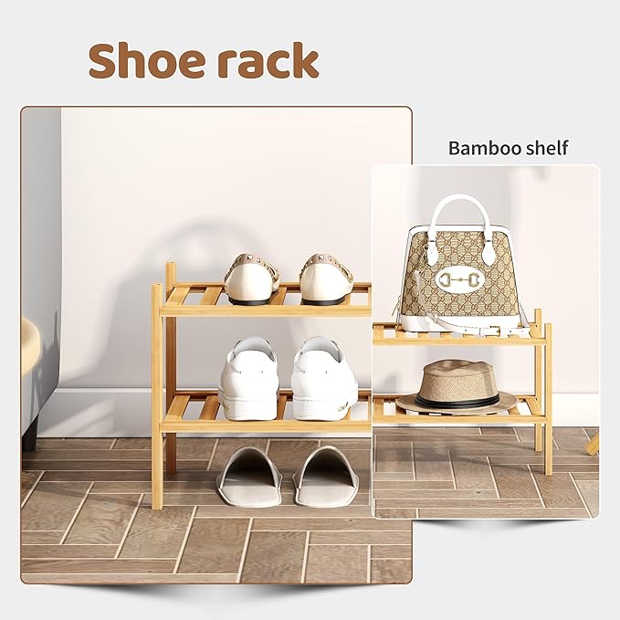 Bamboo Shoe Rack Stackable Shoe Shelf Storage Organizer for Unit Entryway Hallway and Closet Sturdy Freestanding Shoe Shelf(2 Tier Natural)
