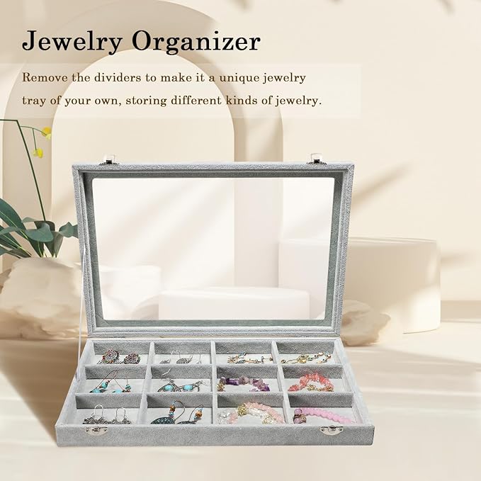 Stratalife 12 Grid Jewelry Holder Organizer: Bracelet Organizer Box with Clear Glass Lid, Velvet Jewelry Storage for Studs, Earrings, Rings, Necklace with Removable Dividers for Dresser, Grey