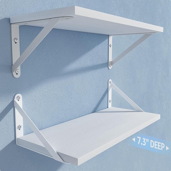 COCOYA Wall Shelves 7.3" Deep Solid Paulownia Wood (White, Set of 2) | 15mm Thick, Wider & Longer & Stronger, Easy to Install, For Laundry Room Bathroom Bedroom, Office Storage Organizer
