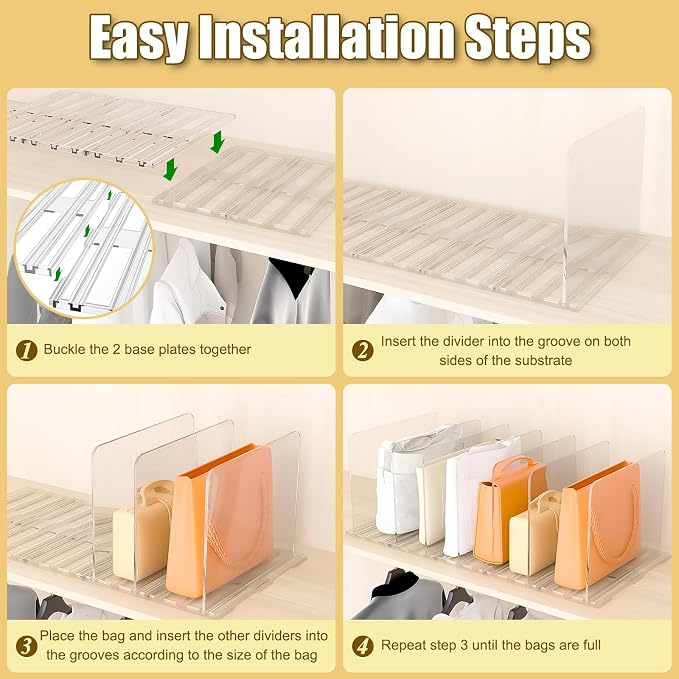 xydstay Adjustable Bag & Purse Organizer for Closet, Acrylic Shelf Dividers, Handbag Storage Organizer Clear Purse Dividers for Closet Organization Separators for Handbag, Book in Bedroom, Office
