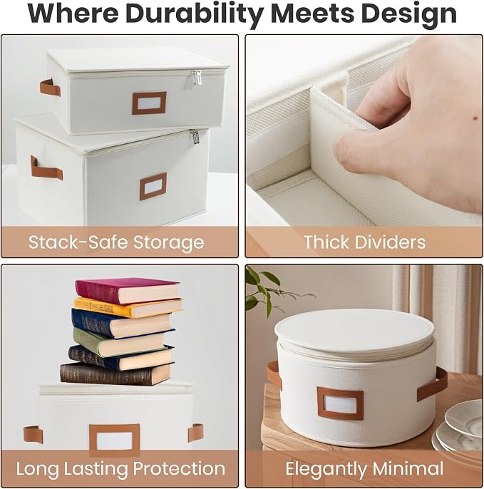 HOMELUX THEORY Platter Storage, Ivory Hard Shell China Storage Containers With 5 FeltPads, Kitchen Storage Bins With Lids, Heavy Duty Moving Box for Packing Dishes, Dinner Plate,& Dinnerware