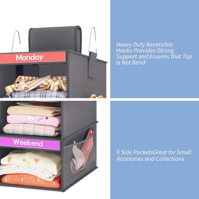 Weekly Kids Clothes Organizer 6-Shelf Hanging Closet Storage Dark Grey