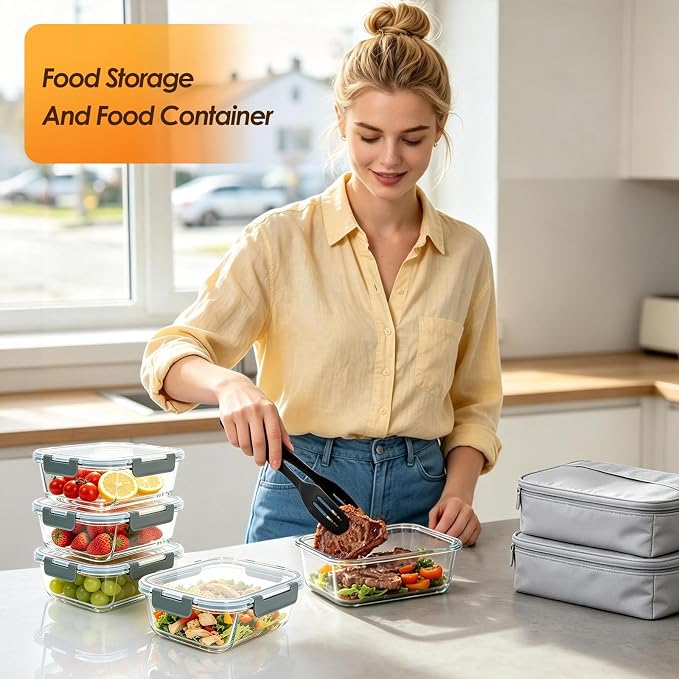 5 Pack 36oz Glass Storage Containers with Lids, Glass Meal Prep Food Container Sets with Snap Airtight Lid for Microwave, Oven, Freezer and Dishwasher, Grey