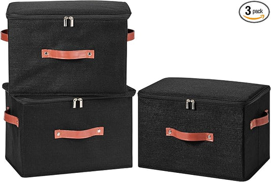 3PCS Storage Bins Boxes with Zippered Lids Cotton Linen Fabric Decorative Basket PU Leather Handles PP Plastic Board Foldable Lidded Clothing Shelf Closet Organizer Container (Black, Large)