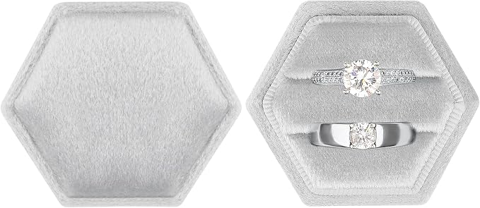 DesignSter Hexagon Velvet Ring Box - Premium Gorgeous Vintage Double Ring Display Holder with Detachable Lid for Proposal, Engagement, Wedding, Ceremony (Silvery Grey)