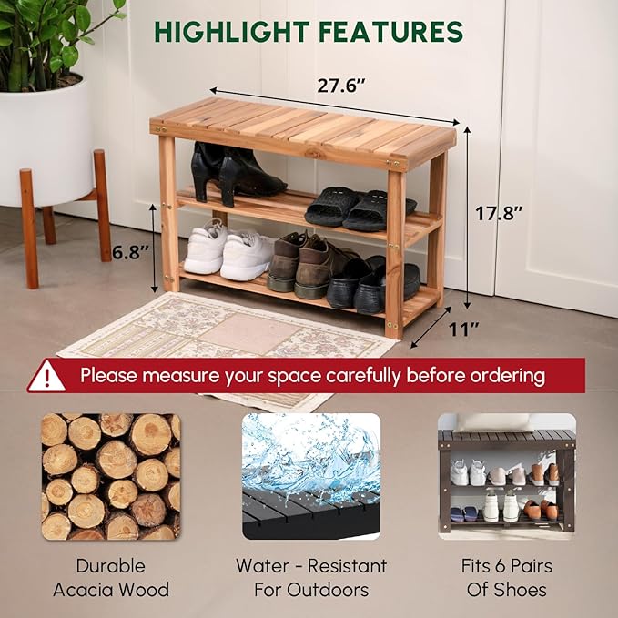 BEEFURNI Wooden Shoe Rack Bench, 3-Tier Wooden Shoe Organizer for Entryway, Aciaca Bench with Shelf, Solid Wood Shoe Storage Bench for Doorway, Hallway, 300 LBS, 1-Year Warranty, Natural Acacia