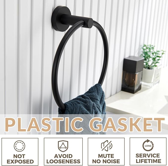 APLusee Matte Black Towel Ring Wall Mounted, Hand Towel Holder for Bathroom, Solid Stainless Steel Round Wall Hanger