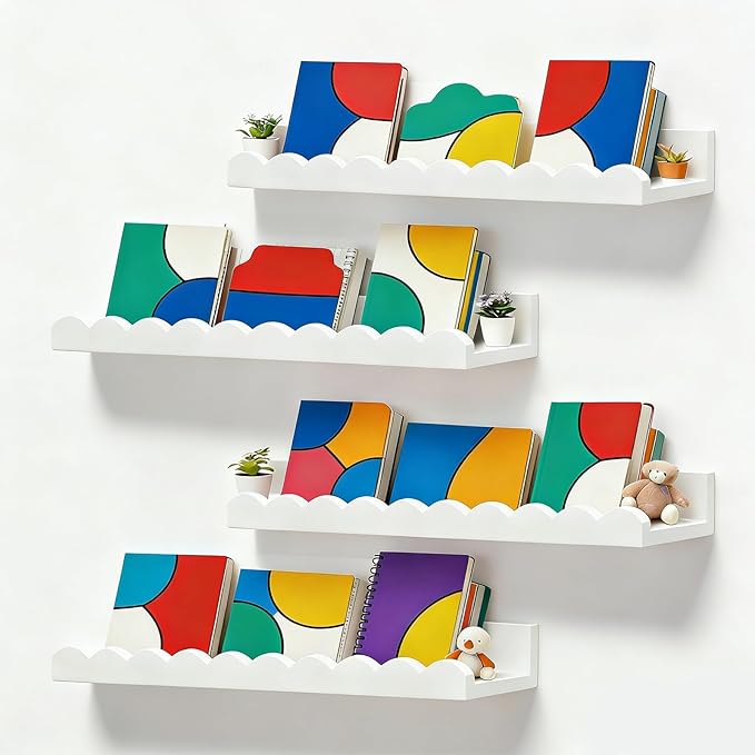 Nursery Book Shelves, Set of 4 Floating Book Shelves, Scalloped Wall Bookshelf for Bedroom, White Decor for Nursery, Baby, Toddler Room