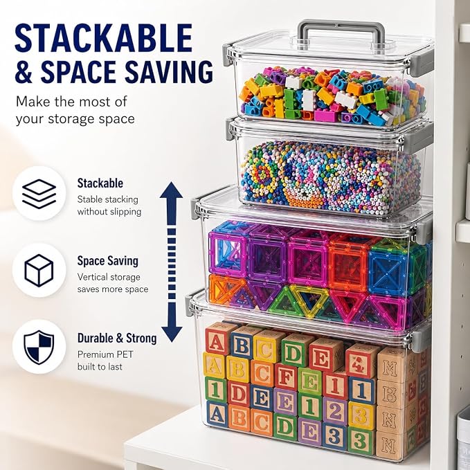 Plastic Storage Containers And Organization Bins Box Stackable with Lid and Secure Latching Buckles, Clear Clip Box For Kitchen or Pantry Storage Cabinet 4 PACK