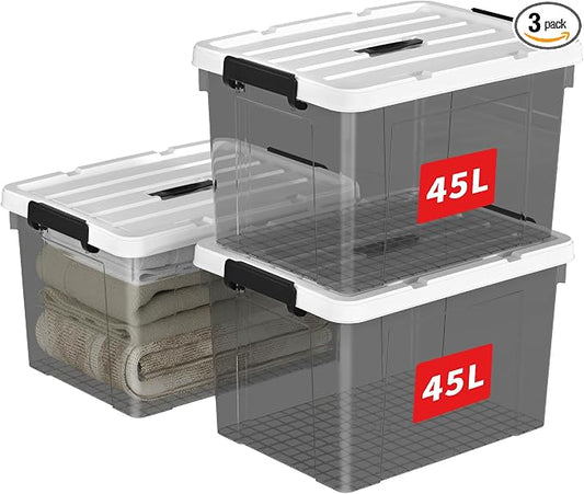 Cetomo Lidded Storage Bin with Handle, Tote Organizing Container with Durable Lid and Secure Latching Buckles, Stackable and Nestable, Plastic, 50 Quart-3 Pack, Clear Black