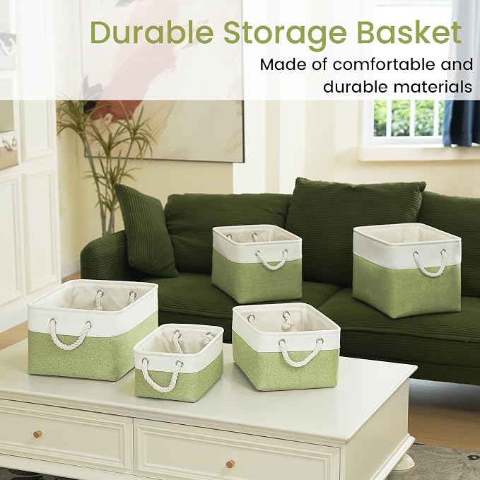 Storage Baskets for Shelves 11.8x7.9x5.2 Inch, Foldable Fabric Storage Bins with Handles, Small Storage Baskets for Organizing Closet, Office, Home Organization (1-Pack, White&Green)